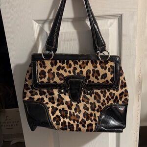Leopard Print and Black Leather Women's Bag